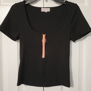 Black Ribbed Top with Pink Zipper